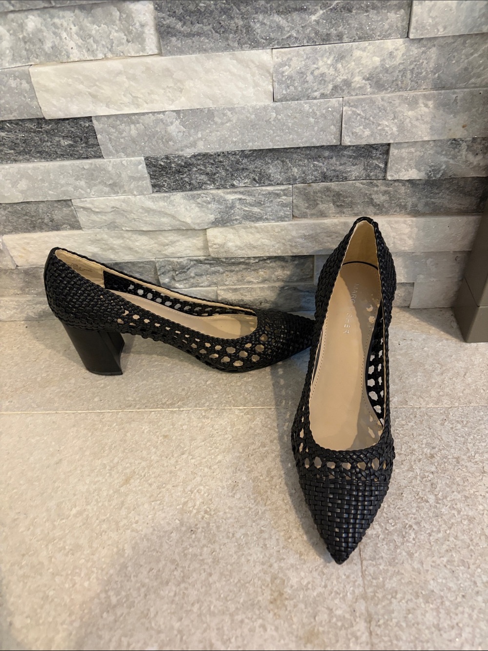 Marc Fisher Viviane Black Woven Pointed Toe Block Heel Pumps Women's Size 7.5